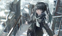 Rule 34 | 1girl, absurdres, black hair, black jacket, blue eyes, building, city, closed mouth, commentary request, highres, jacket, lobelia (saclia), long hair, long sleeves, neckerchief, original, outdoors, railing, smile, solo, two side up, white neckerchief