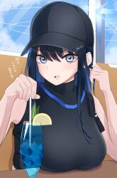 Rule 34 | 1girl, absurdres, bare shoulders, baseball cap, black hair, black hat, black shirt, blue archive, blue eyes, blue hair, blue sky, breast rest, breasts, breasts on table, chest harness, cloud, commentary request, couch, crop top, cup, day, drinking glass, drinking straw, food, fruit, halo, hand up, harness, hat, highres, holding, holding drinking straw, ice, ice cube, indoors, lemon, lemon slice, light blush, long hair, looking at viewer, medium breasts, multicolored hair, no mask, nokonoko, open mouth, saori (blue archive), shadow, shirt, sitting, sky, sleeveless, sleeveless shirt, solo, translation request, two-tone hair, upper body, window