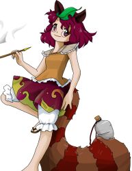 Rule 34 | 1girl, animal ears, blush stickers, brown eyes, brown hair, brown shirt, brown skirt, closed mouth, futatsuiwa mamizou, glasses, holding, holding smoking pipe, leaf, leaf on head, non-web source, official art, raccoon ears, raccoon tail, round eyewear, shirt, short hair, skirt, smile, smoking pipe, solo, tail, touhou, transparent background, unfinished dream of all living ghost, zun (artist)