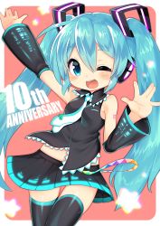 Rule 34 | 1girl, ;d, anniversary, aqua eyes, aqua hair, arm up, chibi, commentary request, detached sleeves, hatsune miku, headphones, highres, long hair, mofuaki, necktie, one eye closed, open mouth, skirt, smile, solo, thighhighs, very long hair, vocaloid