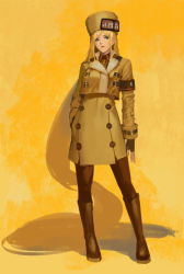 Rule 34 | 1girl, absurdly long hair, armband, black gloves, black pantyhose, blonde hair, blue eyes, boots, cropped legs, dress, fingerless gloves, full body, fur hat, gloves, guilty gear, guilty gear strive, hand in pocket, hat, knee boots, long hair, millia rage, orange theme, pantyhose, phamoz, simple background, solo, standing, ushanka, very long hair, yellow background, yellow dress