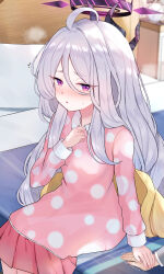 Rule 34 | 1boy, 1girl, absurdres, ahoge, arm at side, blue archive, blush, breath, commentary request, demon girl, demon horns, eyes visible through hair, feet out of frame, flying sweatdrops, grey hair, hair between eyes, hair down, halo, hand up, highres, hina (blue archive), holding hands, horns, indoors, long bangs, long hair, long sleeves, looking at viewer, mi taro333, multiple horns, nose blush, on bed, open mouth, pajamas, parted bangs, partial commentary, pink pajamas, polka dot, polka dot pajamas, purple eyes, raised eyebrows, shy, sidelocks, sitting, solo focus, sweatdrop, trembling, tsurime, very long hair