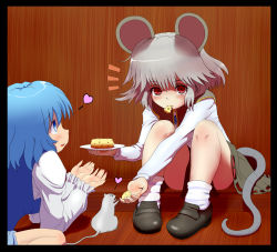 Rule 34 | 2girls, ^^^, animal ears, blue hair, blush, cheese, female focus, food, grey hair, ishikkoro, looking at viewer, md5 mismatch, mouse (animal), mouse ears, mouse tail, mouth hold, multiple girls, nazrin, outstretched hand, red eyes, sitting, tail, tatara kogasa, touhou