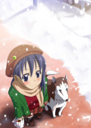 Rule 34 | 1girl, ardnades, bag, blue eyes, blue hair, blush, dog, from above, jacket, long hair, open clothes, open jacket, original, outdoors, scarf, shopping bag, smile, snow, snowing, solo, winter clothes
