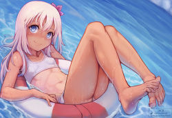 Rule 34 | 1girl, abs, artist name, barefoot, bikini, blonde hair, blue eyes, collarbone, commentary, dutch angle, english commentary, feet, full body, highres, innertube, jack rockhardt, kantai collection, lifebuoy, long hair, looking at viewer, navel, one-piece tan, ro-500 (kancolle), smile, solo, swim ring, swimsuit, tan, tanline, toes, water, wet, wet clothes, wet swimsuit, white bikini
