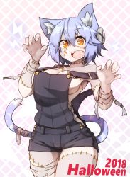 Rule 34 | 1girl, 2018, animal ears, bandages, blue hair, breasts, cat ears, cat tail, cleavage, fang, halloween, halloween costume, looking at viewer, medium breasts, open mouth, orange eyes, original, outstretched arms, overalls, ryota tentei, scar, short hair, shorts, solo, tail, tora tentei, zombie, zombie pose