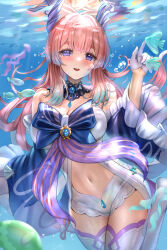 Rule 34 | 1girl, air bubble, babydoll, black choker, bloomers, blue gemstone, blunt bangs, blush, bow-shaped hair, breasts, bubble, choker, cleavage, colored tips, detached sleeves, fish, frilled sleeves, frills, gem, genshin impact, gloves, gradient hair, half gloves, hand up, head wings, highres, himonoata, index finger raised, large breasts, long hair, looking at viewer, multicolored hair, navel, open mouth, pink hair, purple eyes, sangonomiya kokomi, smile, solo, stomach, teeth, thick eyebrows, thighhighs, thighs, underwater, underwear, upper teeth only, vision (genshin impact), white bloomers, white gloves, white thighhighs, wide sleeves, wings