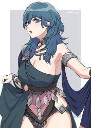 Rule 34 | 1girl, armlet, armor, asymmetrical clothes, bare arms, bare shoulders, blue eyes, blue hair, bracelet, breasts, byleth (female) (fire emblem), byleth (fire emblem), collar, dancer, dancer (fire emblem: three houses), dress, fire emblem, fire emblem: three houses, hair between eyes, highres, jewelry, large breasts, long hair, looking away, necklace, nintendo, official alternate costume, open mouth, parted lips, pelvic curtain, revealing clothes, shawl, shoulder armor, sideboob, simple background, single-shoulder dress, solo, thighs, twitter username, ushiomi
