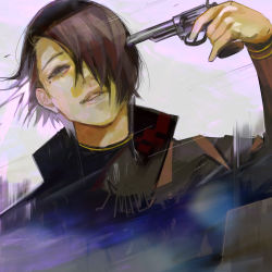 Rule 34 | 1boy, black eyes, black jacket, black shirt, brown background, brown hair, furuta nimura, grey background, gun, gun to head, hair over one eye, hand up, highres, holding, holding gun, holding weapon, jacket, kyuuba melo, open clothes, open jacket, parted lips, shirt, short hair, smile, solo, teeth, tokyo ghoul, tokyo ghoul:re, weapon
