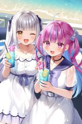 Rule 34 | 2girls, :d, ahoge, aqua nails, beach, belt, black choker, blue hair, blue sailor collar, blunt bangs, blush, bow, braid, breasts, choker, collarbone, colored inner hair, cup, day, dress, drink, drinking straw, hair bow, hair ribbon, highres, holding, holding cup, holding drink, hololive, jewelry, juice, kagura gumi, kagura mea, long hair, looking at viewer, medium breasts, minato aqua, momoshiki tsubaki, multicolored hair, multiple girls, nail polish, necklace, ocean, one eye closed, open mouth, outdoors, pink hair, pink nails, purple eyes, purple hair, ribbon, sailor collar, see-through, see-through sleeves, shore, short sleeves, sidelocks, smile, standing, streaked hair, twintails, two-tone hair, virtual youtuber, white dress, yellow eyes
