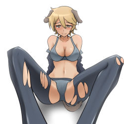 Rule 34 | 10s, 1girl, animal ears, bad id, bad pixiv id, blonde hair, blush, bra, brave witches, breasts, brown eyes, cleavage, covered erect nipples, jacket, lingerie, medium breasts, navel, panties, pantyhose, short hair, sitting, smile, solo, spread legs, strike witches, sweatdrop, tail, torn clothes, torn pantyhose, ulrich (tagaragakuin), underwear, underwear only, waltrud krupinski, world witches series