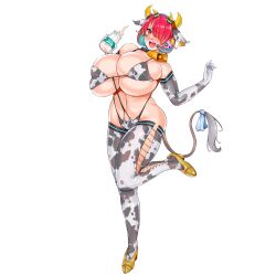 Rule 34 | 1girl, 41 (taskmaster41), :d, animal ear headwear, animal ears, animal print, bare shoulders, bell, belly, bikini, black collar, blue hair, blue ribbon, blush, bottle, breasts, bursting breasts, cleavage, collar, colored inner hair, cow ears, cow horns, cow print, cow print bikini, cow print gloves, cow print thighhighs, cow tail, cowbell, curvy, deep skin, ear tag, elbow gloves, english text, fake animal ears, fake horns, fake tail, frilled ribbon, frills, full body, gloves, gold footwear, hair over one eye, headset, heart on cheek, high heels, highres, holding, holding bottle, hoof shoes, horns, huge breasts, ignis (last origin), last origin, looking at viewer, milk, milk bottle, multicolored hair, multiple horns, navel, official alternate costume, official art, open mouth, print bikini, print gloves, print thighhighs, red eyes, red hair, ribbon, short hair, simple background, skindentation, smile, solo, spilling, standing, standing on one leg, string bikini, sweatdrop, swimsuit, tachi-e, tail, teeth, thick thighs, thighs, third-party source, transparent background, two-tone hair, undersized clothes, upper teeth only, v-shaped eyebrows, y-string, yellow horns