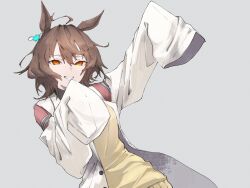 Rule 34 | 1girl, agnes tachyon (umamusume), ahoge, animal ears, arm up, brown hair, coat, earrings, grey background, grin, hair between eyes, highres, horse ears, horse girl, jewelry, lab coat, long sleeves, looking at viewer, open clothes, open coat, orange eyes, short hair, simple background, single earring, sleeves past fingers, sleeves past wrists, smile, solo, spmkwy, sweater vest, umamusume, white coat, yellow sweater vest