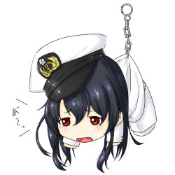 Rule 34 | 10s, 1girl, black hair, chain, chibi, female admiral (kancolle), gloves, hanging, hat, kantai collection, charm (object), long hair, niwatazumi, open mouth, simple background, solo, suspension, tatebayashi sakurako, tears, translation request, uniform, white gloves