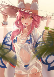 Rule 34 | 1girl, :d, animal ear fluff, animal ears, arms up, bikini, bikini under clothes, blue bikini, blurry, blurry foreground, breasts, brown eyes, brown hat, cleavage, collarbone, commentary request, depth of field, fang, fate/grand order, fate (series), fox ears, hair between eyes, hands on headwear, hat, kagachi saku, long hair, looking at viewer, medium breasts, open mouth, pink hair, see-through, shirt, short sleeves, side-tie bikini bottom, smile, solo, straw hat, swimsuit, tamamo (fate), tamamo no mae (fate/extra), tamamo no mae (swimsuit lancer) (fate), tamamo no mae (swimsuit lancer) (second ascension) (fate), wet, wet clothes, wet shirt, white shirt