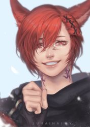 Rule 34 | 1boy, animal ears, artist name, black gloves, cat ears, commentary, facial mark, fangs, final fantasy, final fantasy xiv, fingerless gloves, g&#039;raha tia, gloves, grey background, grin, hair ornament, hair over one eye, hand up, juhaihai, long bangs, looking at viewer, male focus, miqo&#039;te, neck tattoo, portrait, red eyes, red hair, short hair, slit pupils, smile, solo, swept bangs, symbol-only commentary, tattoo, x hair ornament