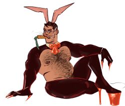 Rule 34 | 1boy, absurdres, animal ears, bara, barbell piercing, bare pectorals, carrot, convenient leg, easter, eating, fabulous, fingernails, frontless outfit, full body, glasses, hairy, high heels, highres, kemonomimi mode, large pectorals, latex, latex legwear, male focus, male pubic hair, mature male, medic (tf2), meme attire, mico art, muscular, muscular male, navel, navel hair, nipples, pectorals, piercing, pubic hair, rabbit ears, reverse bunnysuit, reverse outfit, sharp fingernails, short hair, shrug (clothing), solo, stomach, team fortress 2, thick chest hair, thick navel hair, thick thighs, thighs, very hairy, whiskers