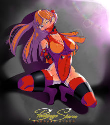 Rule 34 | 1girl, adapted costume, bdsm, bodysuit, bondage, bound, covered mouth, forced, highres, lens flare, lens flare abuse, leotard, neon genesis evangelion, plugsuit, red bodysuit, red leotard, red thighhighs, self-upload, solo, souryuu asuka langley, spread legs, squatting, thighhighs, wide hips