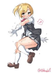 Rule 34 | 10s, 1girl, bad id, bad twitter id, black skirt, black vest, blonde hair, blush, bow, bowtie, brown footwear, buttons, ebifurya, flying sweatdrops, full body, gloves, grey eyes, highres, inactive account, kantai collection, kneehighs, looking at viewer, maikaze (kancolle), musical note, open mouth, pleated skirt, ponytail, quaver, red bow, red bowtie, shirt, shoes, short ponytail, short sleeves, simple background, skirt, sleeveless, socks, solo, spoken musical note, sweat, twitter username, vest, white background, white gloves, white shirt, white socks