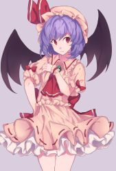 Rule 34 | 1girl, :t, ascot, bad id, bad pixiv id, bat wings, brooch, cowboy shot, eyebrows, frilled skirt, frilled sleeves, frills, grey background, hair between eyes, hand on own hip, hat, hat ribbon, highres, jewelry, light purple hair, looking at viewer, mob cap, pink shirt, pink skirt, puffy short sleeves, puffy sleeves, red eyes, remilia scarlet, ribbon, shirt, short hair, short sleeves, simple background, skirt, skirt set, solo, touhou, wings, yuusei tsukiro