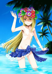 Rule 34 | 1girl, armpits, beach, blonde hair, bow, breasts, cloud, cowboy shot, day, flower, futou ryouko, green eyes, groin, hair flower, hair ornament, half-closed eyes, hand up, headdress, leaf, light smile, long hair, looking at viewer, lowleg, miniskirt, navel, nipples, ocean, outdoors, palm tree, parted bangs, sarong, see-through, shaded face, skinny, skirt, sky, small breasts, smile, solo, standing, swept bangs, topfreedom, topless, tree, very long hair, wading, water