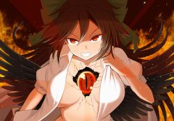 Rule 34 | 1girl, absurdres, arm cannon, bird wings, black wings, bow, breasts, brown hair, collarbone, collared shirt, commentary request, control rod, cracked skin, evil grin, evil smile, feathered wings, green bow, grin, hair bow, highres, long hair, masakano masaka, medium breasts, midriff, naked shirt, no bra, open clothes, open shirt, ponytail, puffy short sleeves, puffy sleeves, red eyes, reiuji utsuho, shirt, short sleeves, smile, third eye, touhou, undressing, v-shaped eyebrows, very long hair, weapon, white shirt, wings