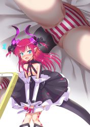 Rule 34 | 1girl, absurdres, ass, asymmetrical horns, blue eyes, corset, curled horns, dragon girl, dragon horns, dragon tail, elizabeth bathory (fate), elizabeth bathory (fate/extra ccc), elizabeth bathory (first ascension) (fate), fate/extra, fate/extra ccc, fate/grand order, fate (series), finger cots, flat chest, from below, highres, horns, kagami (haret46), long hair, mtu virus, multiple views, panties, pantyshot, pink hair, pointy ears, striped clothes, striped panties, tail, underwear, uneven horns, upskirt