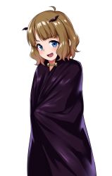 Rule 34 | ahoge, bat hair ornament, black cape, blue eyes, blush, brown hair, cape, child, commentary request, covering privates, hadacra, hair ornament, idolmaster, idolmaster million live!, short hair, simple background, smile, solo, suou momoko, wavy hair, white background