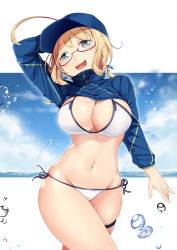 Rule 34 | 1girl, ahoge, alternate costume, artoria pendragon (fate), baseball cap, bikini, blonde hair, blue eyes, blue hat, blue jacket, breasts, commentary request, cosplay, cowboy shot, cropped jacket, fate/grand order, fate (series), glasses, hair through headwear, hat, highres, i-8 (kancolle), jacket, kantai collection, large breasts, low twintails, mysterious heroine xx (fate), mysterious heroine xx (fate) (cosplay), navel, red-framed eyewear, semi-rimless eyewear, shrug (clothing), side-tie bikini bottom, solo, standing, swimsuit, thigh strap, twintails, under-rim eyewear, white bikini, yasume yukito, zipper pull tab