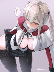 Rule 34 | 1girl, arm support, black gloves, black skirt, blonde hair, blue eyes, blush, breasts, capelet, cleavage, clothes lift, clothes pull, embarrassed, gloves, graf zeppelin (kancolle), grey background, highres, kantai collection, large breasts, leaning forward, lifting own clothes, long hair, long sleeves, looking back, nose blush, open clothes, open mouth, open shirt, pantyhose, pantyhose pull, pleated skirt, sidelocks, simple background, skirt, skirt lift, solo, takase muh, twintails, twitter username