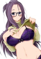 Rule 34 | 1girl, absurdres, arms up, bangs pinned back, black-framed eyewear, blue eyes, blush, bra, breasts, cleavage, clothes lift, eggman (pixiv28975023), forehead, glasses, green sweater, highres, kagamihara sakura, lace trim, large breasts, lifted by self, long hair, long sleeves, looking at viewer, navel, panties, purple bra, purple eyes, purple hair, purple panties, ribbed sweater, simple background, solo, stomach, sweater, sweater lift, underwear, upper body, white background, yurucamp