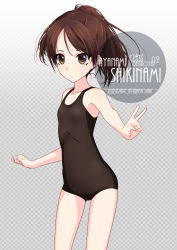 Rule 34 | 1girl, artist name, black one-piece swimsuit, blush, brown eyes, brown hair, brown one-piece swimsuit, character name, checkered background, collarbone, commentary request, cowboy shot, flat chest, gradient background, highres, inaba shiki, kantai collection, looking at viewer, new school swimsuit, one-hour drawing challenge, one-piece swimsuit, ponytail, school swimsuit, shikinami (kancolle), simple background, solo, swimsuit, v