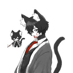 Rule 34 | 1boy, animal ear fluff, animal ears, black hair, black kimono, black vest, blood, blood on face, blood on tongue, cat ears, cat tail, collared shirt, japanese clothes, kimono, limbus company, male focus, necktie, open mouth, project moon, red necktie, shirt, simple background, solo, tail, uchimura (rino0525), vest, white background, white shirt, yi sang (project moon)