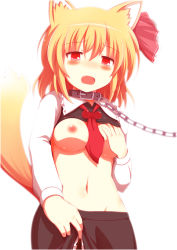 Rule 34 | 1girl, animal ears, ascot, bad id, bad pixiv id, blonde hair, blush, breasts, cat ears, cat girl, cat tail, chain, clothes lift, collar, female focus, hair ribbon, kemonomimi mode, kisaragi zwei, medium breasts, navel, nipples, open mouth, pantyhose, red eyes, ribbon, rumia, shirt lift, skirt, solo, tail, touhou