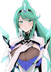 Rule 34 | 1girl, absurdres, armor, blush, bodysuit, breasts, cleavage, gloves, glowing, green eyes, green hair, hairband, halcon, hand on own chest, highres, horns, large breasts, long hair, looking at viewer, matching hair/eyes, nintendo, pneuma (xenoblade), ponytail, see-through, sidelocks, simple background, single horn, smile, spoilers, swept bangs, tears, upper body, white background, xenoblade chronicles (series), xenoblade chronicles 2