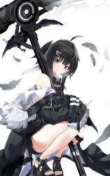 Rule 34 | 1girl, absurdres, ahoge, animal, arknights, arm pouch, armpit crease, bare shoulders, belt, between legs, bird, black belt, black feathers, black footwear, black hair, black hood, black jacket, black pouch, black shirt, black shorts, bloom, blurry, blurry background, blurry foreground, breasts, buckle, closed mouth, collared shirt, commentary request, crow, depth of field, expressionless, falling feathers, feather hair, feathers, film grain, flying, from side, full body, fur-trimmed hood, fur-trimmed jacket, fur-trimmed sleeves, fur trim, grey eyes, grey feathers, hair intakes, hair ornament, hairband, hairclip, head tilt, highres, hood, hood down, hooded jacket, invisible floor, jacket, knees together feet apart, la pluma (arknights), legs, long sleeves, looking at viewer, looking to the side, medium hair, muang (muang vrc), multiple belts, no socks, off-shoulder jacket, off shoulder, open clothes, open jacket, pouch, sandals, scythe, shadow, shirt, short shorts, shorts, shoulder belt, simple background, sleeveless, sleeves past fingers, sleeves past wrists, small breasts, snap-fit buckle, solo, squatting, thighs, toenails, toes, weapon, white background, white hairband, wide sleeves, wrist belt