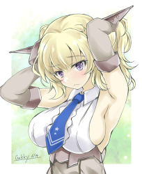 Rule 34 | armpits, arms behind head, black gloves, blonde hair, blue eyes, blue necktie, braid, breasts, colorado (kancolle), dress, elbow gloves, gakky, garrison cap, gloves, grey dress, grey gloves, grey hat, hat, headgear, kantai collection, large breasts, necktie, shirt, short hair, side braids, sideboob, sleeveless, white shirt