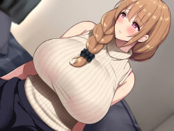 Rule 34 | 1girl, arms at sides, blast (lyricbox), blush, bra, braid, breasts, brown hair, chichi wa shiranai, boku to haha no futei na kankei, closed mouth, dutch angle, embarrassed, eyebrows hidden by hair, female focus, highres, huge breasts, indoors, looking to the side, original, pillow, pink eyes, see-through, single braid, sitting, skirt, sleeveless, sleeveless turtleneck, solo, sweat, turtleneck, underwear, upper body