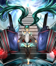 Rule 34 | 1girl, anti-gravity, barefoot, black thighhighs, eiji (eiji), closed eyes, floating, footless tights, gravity, green hair, hatsune miku, hatsune miku (append), legs, long hair, necktie, solo, speaker, stairs, thighhighs, toeless legwear, twintails, very long hair, vocaloid, vocaloid append
