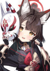 Rule 34 | 1girl, :d, aged down, animal ear fluff, animal ears, bada (jksh5056), black gloves, black shirt, blue archive, brown eyes, brown hair, commentary request, fangs, fingerless gloves, fox ears, fox mask, gloves, grey sailor collar, halo, highres, holding, holding mask, long sleeves, mask, unworn mask, open mouth, sailor collar, shirt, simple background, smile, solo, upper body, wakamo (blue archive), white background