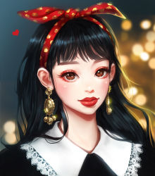 Rule 34 | 1girl, black hair, blurry, blurry background, brown eyes, christmas, closed mouth, commentary request, earrings, eyelashes, gold, hairband, heart, highres, jewelry, long hair, looking at viewer, original, polka dot hairband, portrait, red lips, rena illusion, solo, sparkling eyes