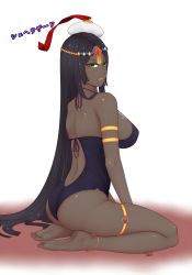 Rule 34 | 1girl, :d, artist name, back, back cutout, bare shoulders, barefoot, black hair, black one-piece swimsuit, breasts, casual one-piece swimsuit, circlet, clothing cutout, dark-skinned female, dark skin, fate/grand order, fate (series), full body, green eyes, hat, highres, large breasts, long hair, looking at viewer, one-piece swimsuit, open mouth, ryu seung, scheherazade (fate), shiny skin, sideboob, simple background, sitting, skindentation, smile, solo, straight hair, strap gap, swimsuit, thighs, translated, tsurime, very long hair, wariza, white background, white hat