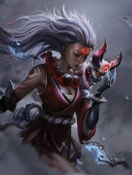 Rule 34 | 1girl, absurdres, bare shoulders, blood moon diana, breasts, claws, cleavage, closed eyes, closed mouth, commentary request, derivative work, diana (league of legends), facial mark, floating hair, forehead mark, glowing, glowing eyes, gradient background, grey background, haohe buguo, highres, holding, holding mask, japanese clothes, jewelry, large breasts, league of legends, long hair, long sleeves, mask, unworn mask, official alternate costume, red eyes, shoulder tattoo, solo, tattoo