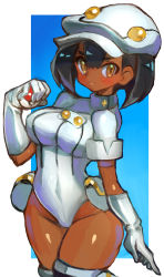 Rule 34 | 1girl, aether foundation employee, aether foundation employee (female), aether foundation uniform, black hair, breasts, creatures (company), dakusuta, dark-skinned female, dark skin, game freak, gloves, hat, highres, jumpsuit, large breasts, leotard, medium breasts, nintendo, poke ball, pokemon, pokemon sm, short hair, solo, thick thighs, thighs, white gloves, white jumpsuit, wide hips