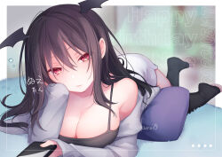 Rule 34 | 1girl, bare shoulders, black camisole, black thighhighs, black wings, breasts, brown hair, camisole, cellphone, cleavage, closed mouth, collarbone, copyright request, dated, grey jacket, hair between eyes, happy birthday, head wings, holding, holding phone, jacket, kuroi (liar-player), long hair, long sleeves, looking at viewer, lying, medium breasts, no shoes, off shoulder, on stomach, open clothes, open jacket, phone, red eyes, skirt, sleeves past wrists, soles, solo, thighhighs, toeless legwear, twitter username, white skirt, wings