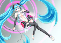 Rule 34 | 1girl, bad id, bad pixiv id, barefoot, blue eyes, blue hair, bridal gauntlets, hand on another&#039;s chest, hand on own chest, hatsune miku, hatsune miku (append), highres, jyuusimatu, legs, lips, long hair, lying, matching hair/eyes, nail polish, navel, necktie, solo, thighhighs, twintails, very long hair, vocaloid, vocaloid append