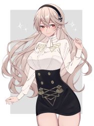 Rule 34 | 1girl, black hairband, blonde hair, blouse, breasts, buttons, closed mouth, corrin (female) (fire emblem), corrin (fire emblem), cowboy shot, double-breasted, fire emblem, fire emblem: three houses, fire emblem fates, garreg mach monastery uniform, hairband, highres, hoshido1214, large breasts, long hair, long sleeves, miniskirt, nintendo, pointy ears, red eyes, shirt, simple background, skirt, smile, solo, thighs, uniform, white shirt