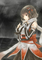 Rule 34 | 10s, 1girl, black cloud, blouse, brown eyes, brown hair, cannon, cheungchz, cloud, cloudy sky, elbow gloves, fingerless gloves, from side, gloves, hair ornament, horizon, kantai collection, looking away, ninja, ocean, outdoors, rain, scarf, sendai (kancolle), sendai kai ni (kancolle), shirt, short hair, skirt, sky, sleeveless, solo, storm, turret, twintails, two side up, water