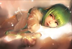 Rule 34 | 1girl, artist name, c.c., code geass, dated, green hair, hein27, lips, long hair, looking away, lying, on side, signature, solo, yellow eyes