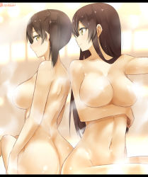 Rule 34 | 10s, 2girls, abdominal line, akagi (kancolle), ass, bathing, bathroom, breast hold, breasts, brown eyes, brown hair, censored nipples, convenient censoring, foreshortening, gradient background, isshiki (ffmania7), kaga (kancolle), kantai collection, large breasts, letterboxed, long hair, looking back, multiple girls, navel, nude, short sidetail, sidelocks, sitting, smile, steam, steam censor, twitter username